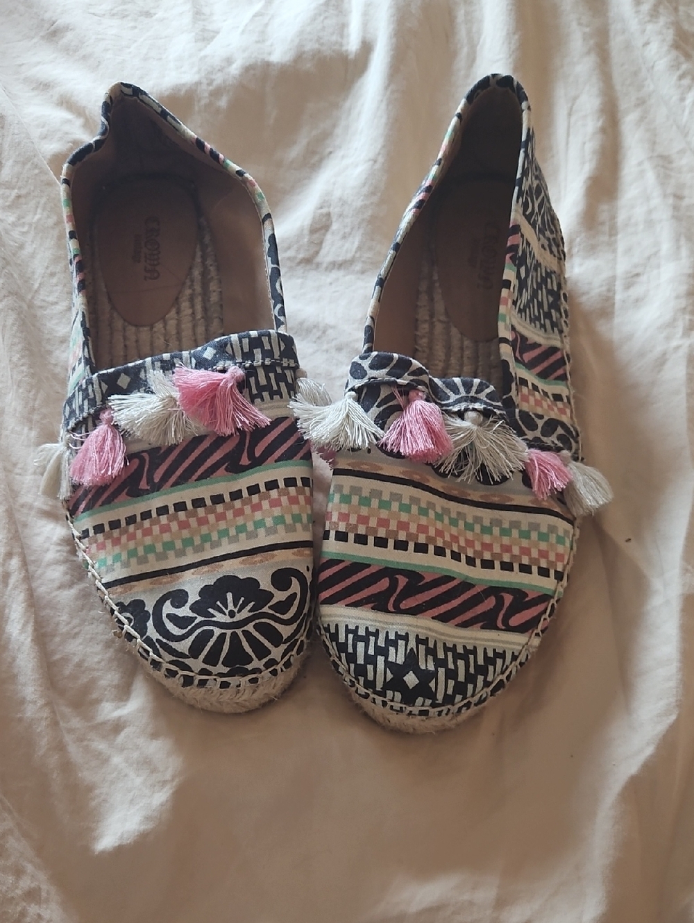 Crown Vintage Multi-Color Patterned Espadrilles with Pink Tassels